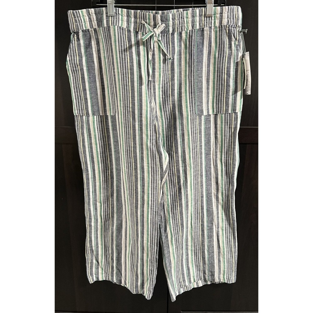 NEW LIZ CLAIBORNE Sz L (12-14)Linen Blend Cropped Pants striped Wide Leg Pull On